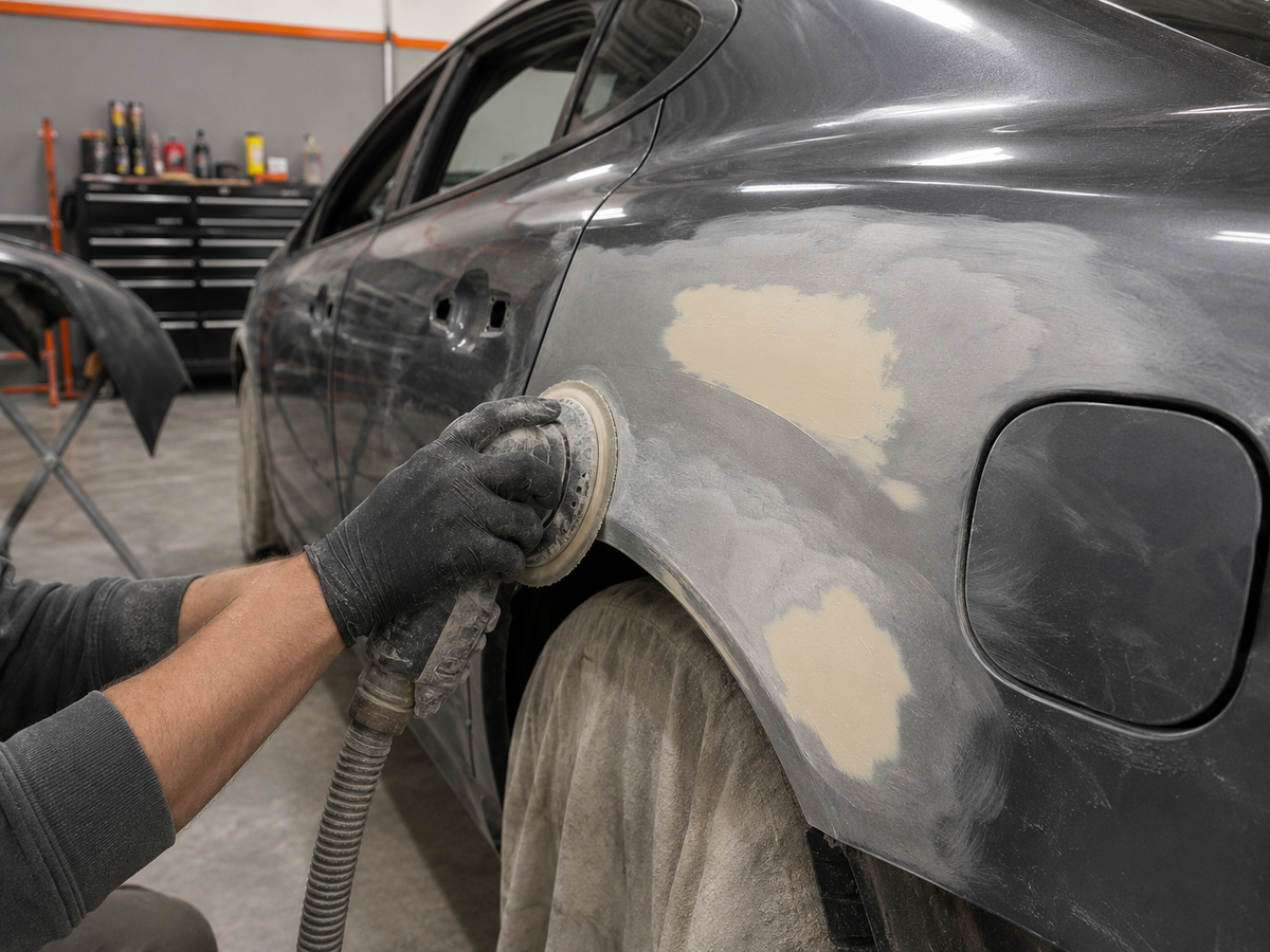 Technician sanding a car body panel