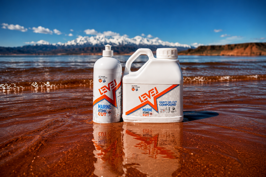 Level Marine Atomic Cut products on reddish wet ground with mountains in background